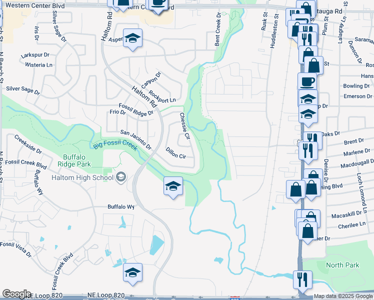 map of restaurants, bars, coffee shops, grocery stores, and more near 5200 Dillon Circle in Haltom City