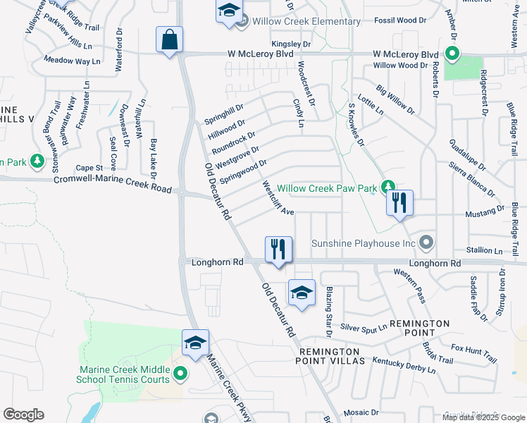 map of restaurants, bars, coffee shops, grocery stores, and more near 1114 Landsdale Lane in Fort Worth