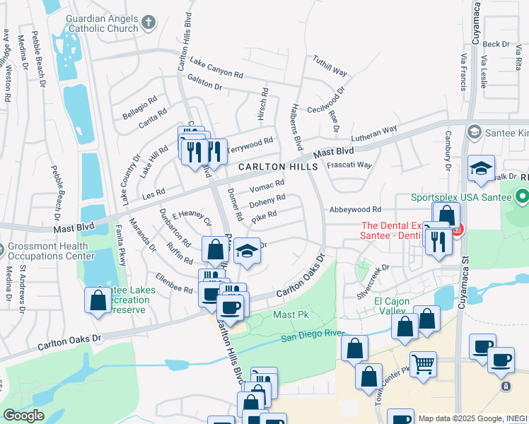 map of restaurants, bars, coffee shops, grocery stores, and more near 9434 Pike Road in Santee
