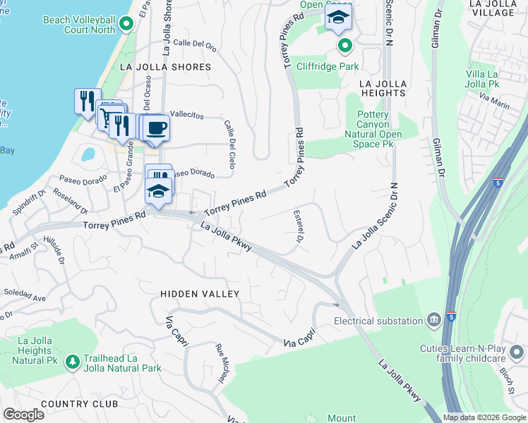 map of restaurants, bars, coffee shops, grocery stores, and more near 2624 Costebelle Drive in San Diego