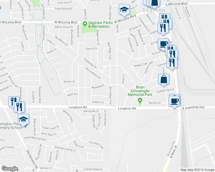 map of restaurants, bars, coffee shops, grocery stores, and more near 505 Mustang Drive in Fort Worth