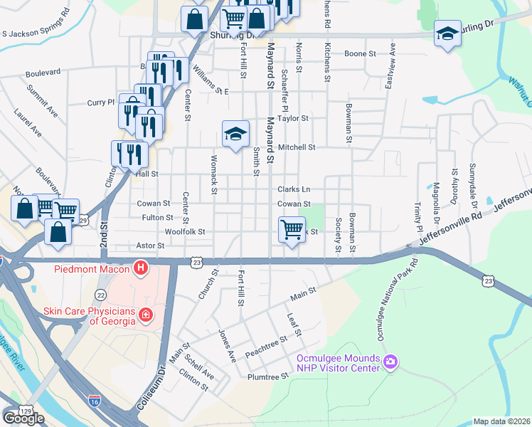 map of restaurants, bars, coffee shops, grocery stores, and more near 727 Smith Street in Macon