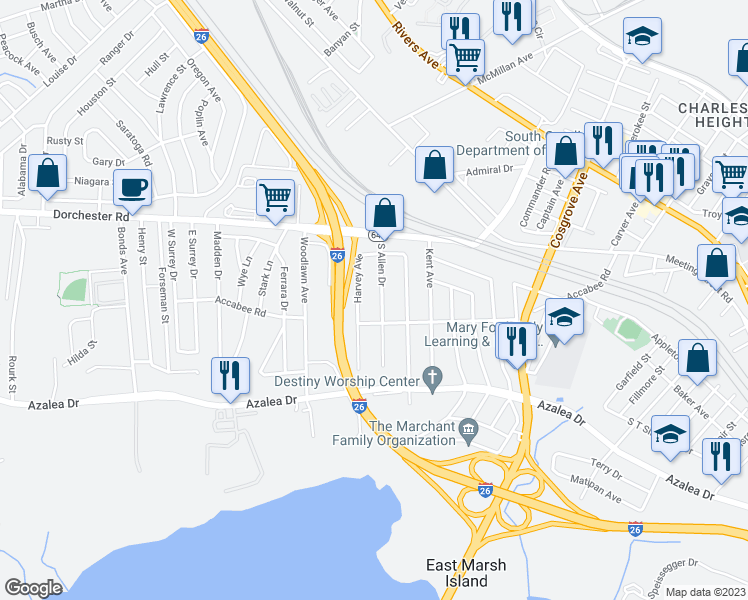 map of restaurants, bars, coffee shops, grocery stores, and more near 2632 South Allen Drive in North Charleston