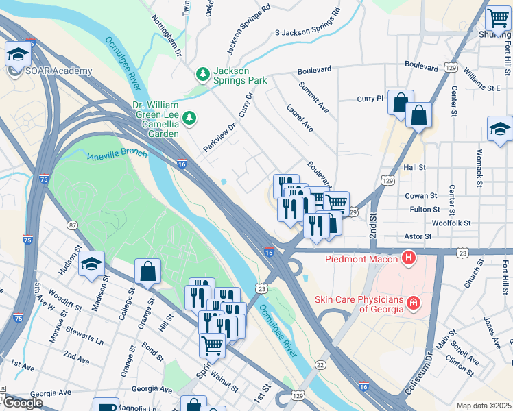 map of restaurants, bars, coffee shops, grocery stores, and more near 776 Baconsfield Drive in Macon