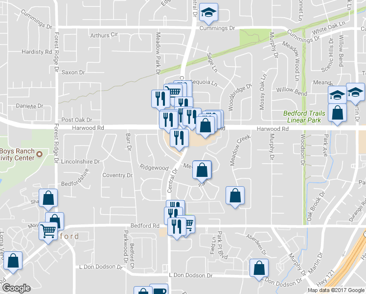 map of restaurants, bars, coffee shops, grocery stores, and more near 2803 Central Drive in Bedford