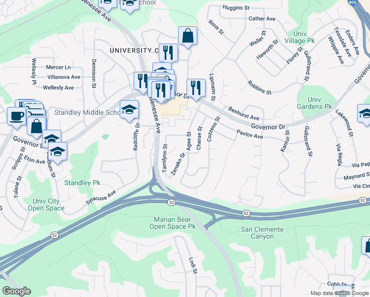 map of restaurants, bars, coffee shops, grocery stores, and more near 5989 Agee Street in San Diego