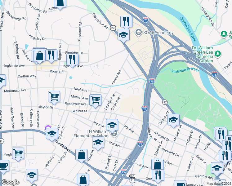 map of restaurants, bars, coffee shops, grocery stores, and more near 383 Grant Avenue in Macon