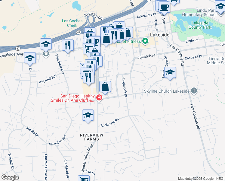 map of restaurants, bars, coffee shops, grocery stores, and more near 12152 Lemon Crest Drive in Lakeside