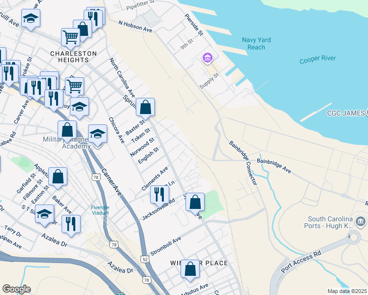 map of restaurants, bars, coffee shops, grocery stores, and more near 1806 Clements Avenue in North Charleston
