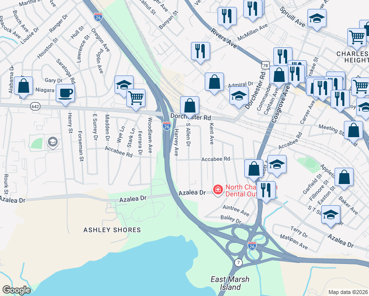 map of restaurants, bars, coffee shops, grocery stores, and more near 2632 South Allen Drive in North Charleston