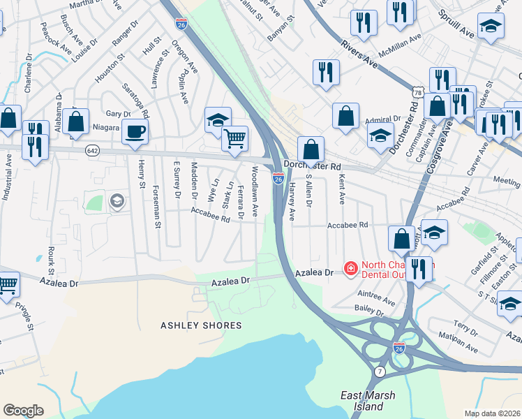 map of restaurants, bars, coffee shops, grocery stores, and more near 2636 Woodlawn Avenue in North Charleston