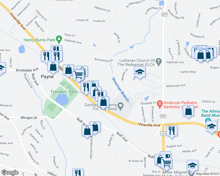map of restaurants, bars, coffee shops, grocery stores, and more near 2981 Ridge Avenue in Macon