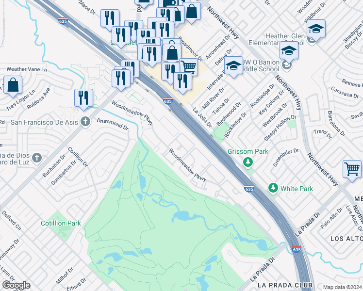 map of restaurants, bars, coffee shops, grocery stores, and more near 2 Woodmeadow Parkway in Dallas