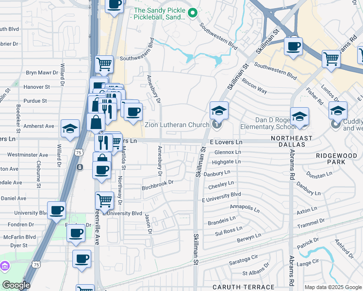 map of restaurants, bars, coffee shops, grocery stores, and more near 5107 Skillman Street in Dallas