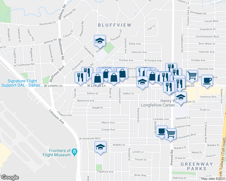 map of restaurants, bars, coffee shops, grocery stores, and more near 7714 Roper Street in Dallas