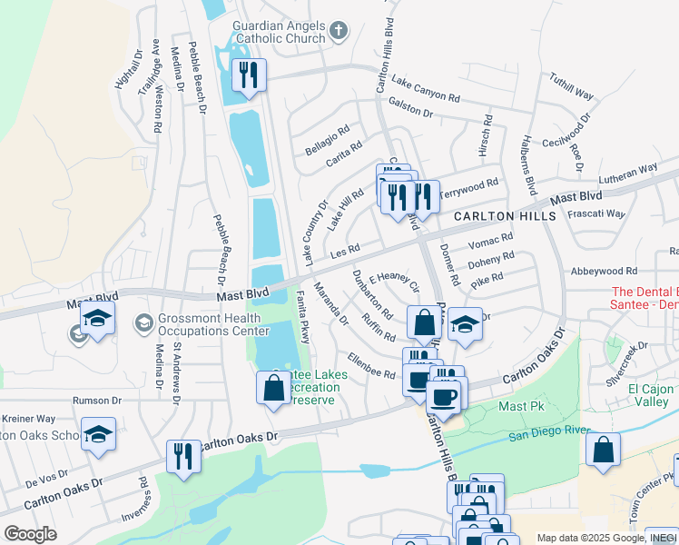 map of restaurants, bars, coffee shops, grocery stores, and more near 9181 Mast Boulevard in Santee