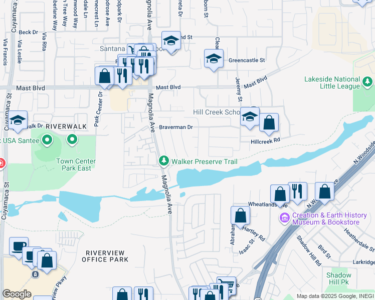 map of restaurants, bars, coffee shops, grocery stores, and more near 9517 Hinton Drive in Santee