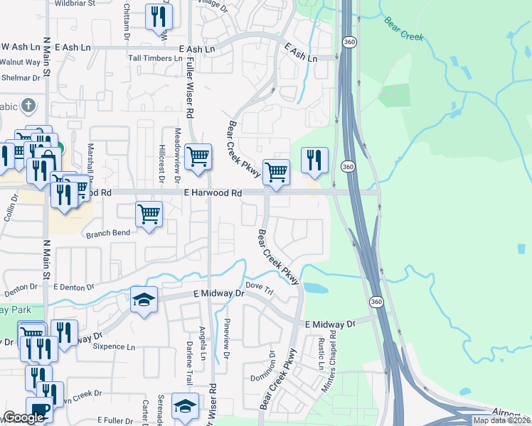 map of restaurants, bars, coffee shops, grocery stores, and more near 1131 Bear Creek Parkway in Euless