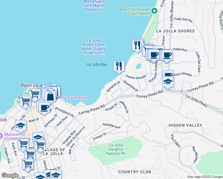 map of restaurants, bars, coffee shops, grocery stores, and more near 1855 Spindrift Drive in San Diego
