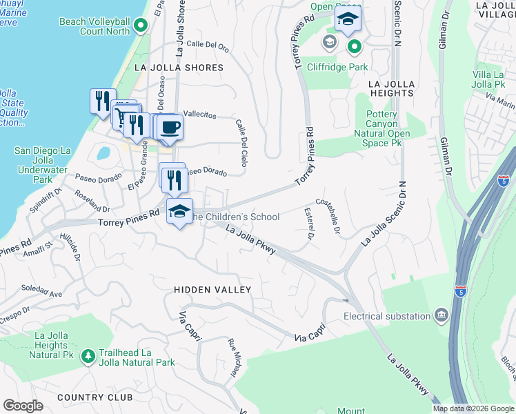 map of restaurants, bars, coffee shops, grocery stores, and more near 7893 Caminito El Rosario in San Diego