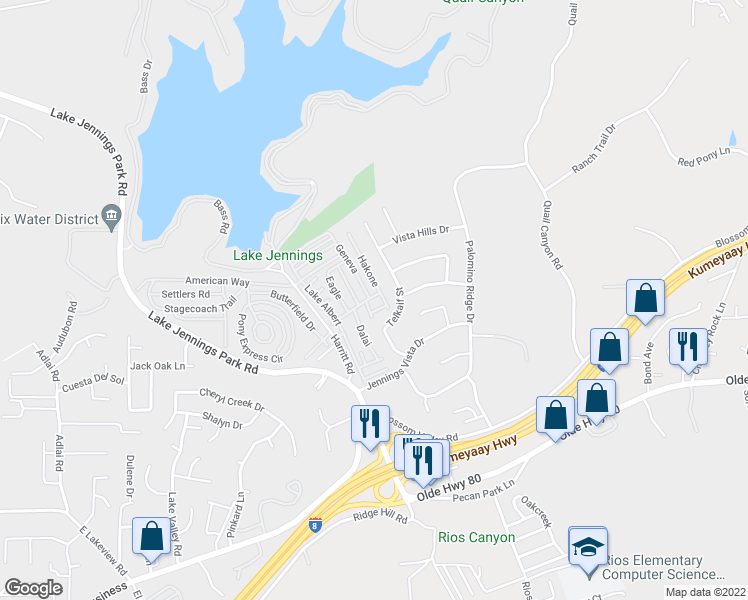map of restaurants, bars, coffee shops, grocery stores, and more near 9395 Harritt Road in Lakeside