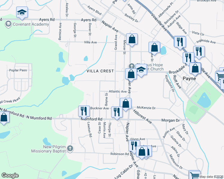 map of restaurants, bars, coffee shops, grocery stores, and more near 3689 Bayne Street in Macon