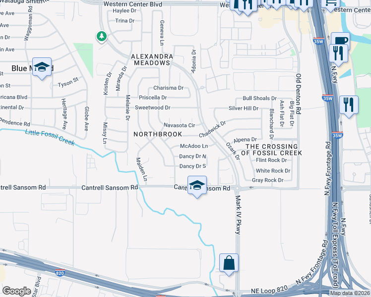 map of restaurants, bars, coffee shops, grocery stores, and more near 2420 Mc Adoo Lane in Fort Worth