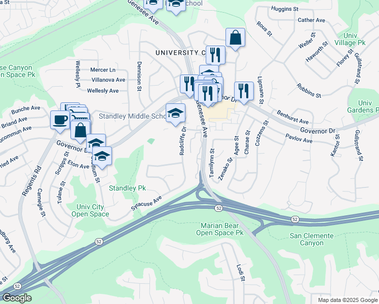 map of restaurants, bars, coffee shops, grocery stores, and more near 6195 Radcliffe Drive in San Diego