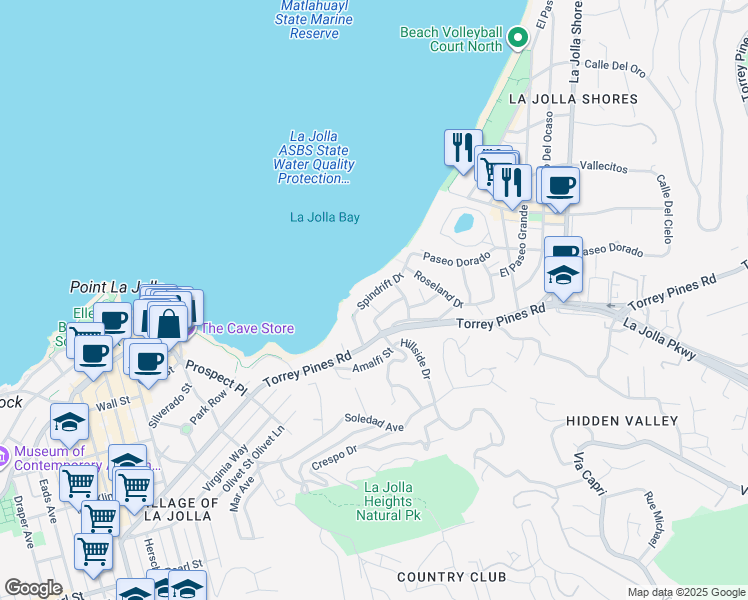 map of restaurants, bars, coffee shops, grocery stores, and more near 1820 Viking Way in San Diego