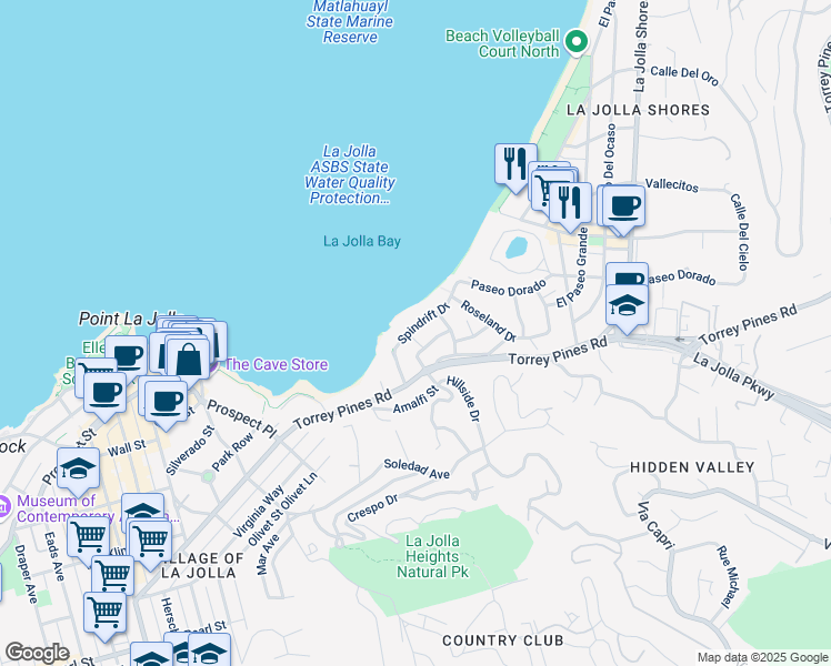 map of restaurants, bars, coffee shops, grocery stores, and more near 1855 Spindrift Drive in San Diego
