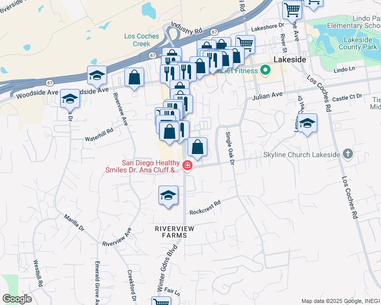 map of restaurants, bars, coffee shops, grocery stores, and more near 12108 Wintergreen Drive in Lakeside