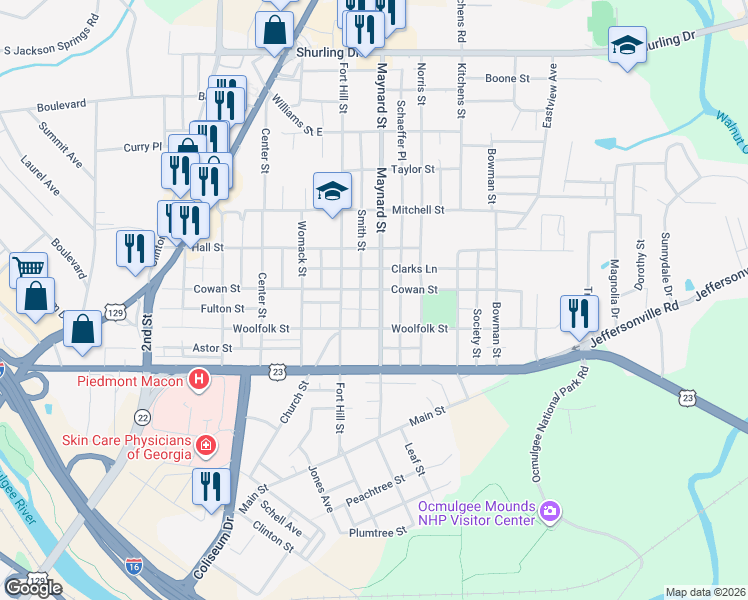 map of restaurants, bars, coffee shops, grocery stores, and more near 727 Smith Street in Macon