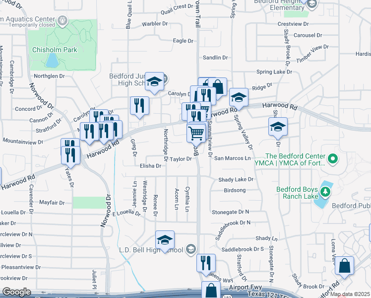 map of restaurants, bars, coffee shops, grocery stores, and more near 1801 Brown Trail in Bedford
