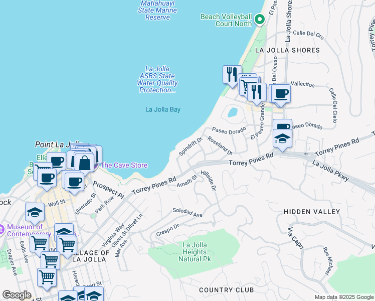map of restaurants, bars, coffee shops, grocery stores, and more near 1820 Viking Way in San Diego