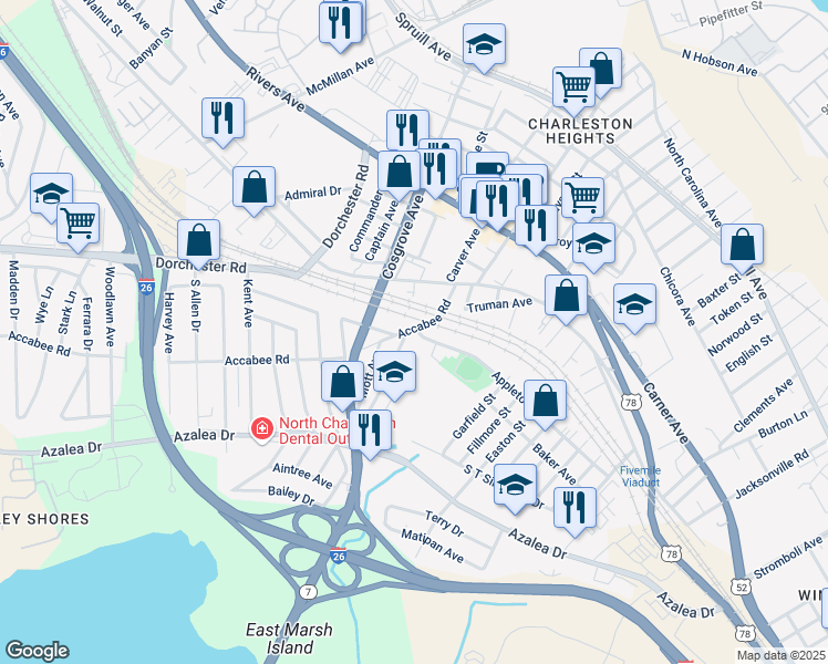 map of restaurants, bars, coffee shops, grocery stores, and more near 3180 Thomasina McPherson Boulevard in North Charleston