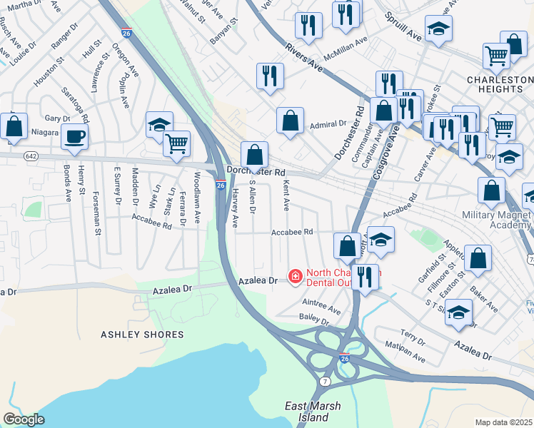 map of restaurants, bars, coffee shops, grocery stores, and more near 2335 Sorentrue Avenue in North Charleston