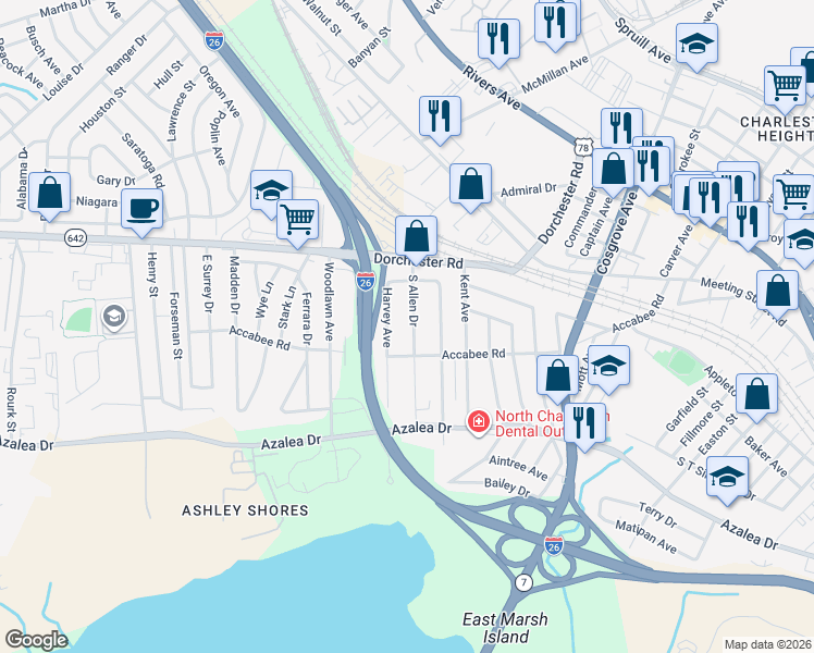 map of restaurants, bars, coffee shops, grocery stores, and more near 2632 South Allen Drive in North Charleston