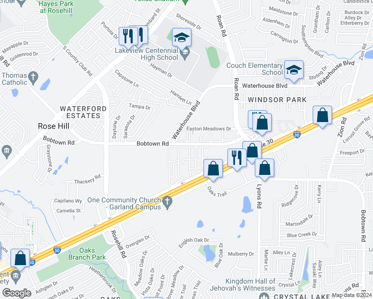 map of restaurants, bars, coffee shops, grocery stores, and more near 3610 Bobtown Road in Garland
