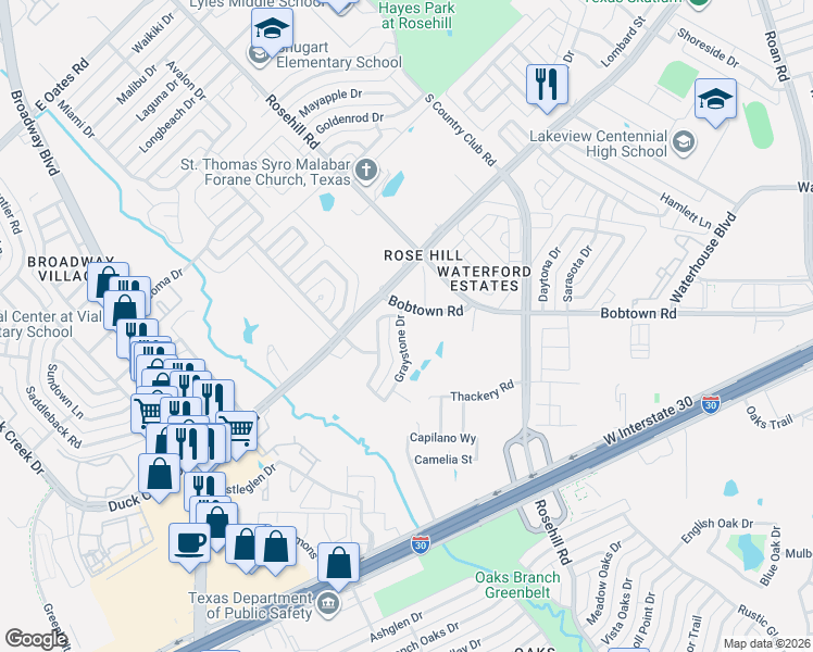 map of restaurants, bars, coffee shops, grocery stores, and more near 901 Graystone Drive in Garland