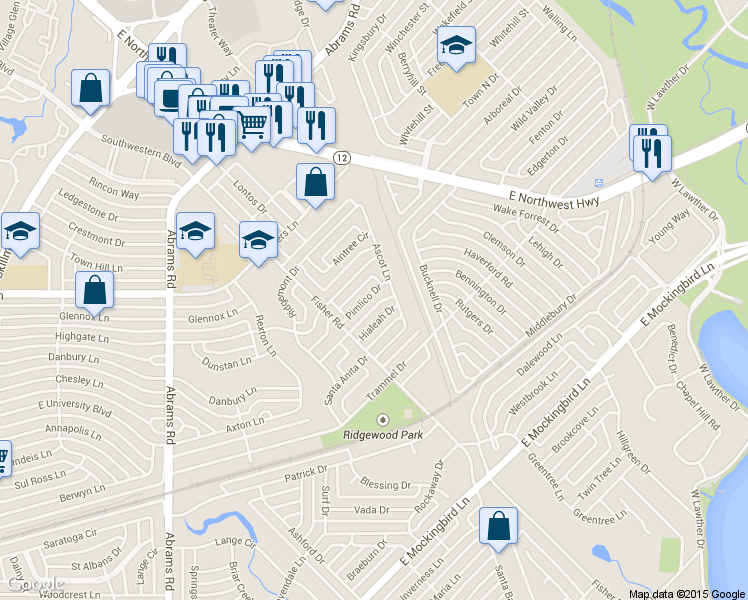 map of restaurants, bars, coffee shops, grocery stores, and more near 6727 Hialeah Drive in Dallas