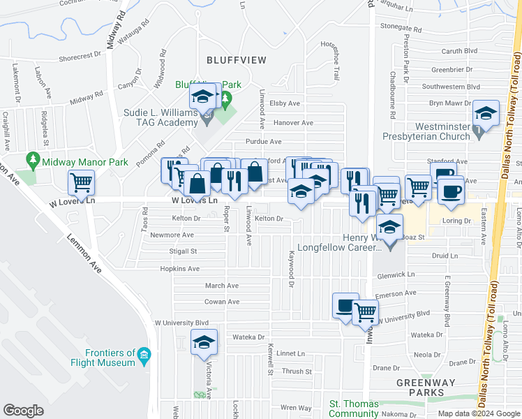 map of restaurants, bars, coffee shops, grocery stores, and more near 4818 Kelton Drive in Dallas