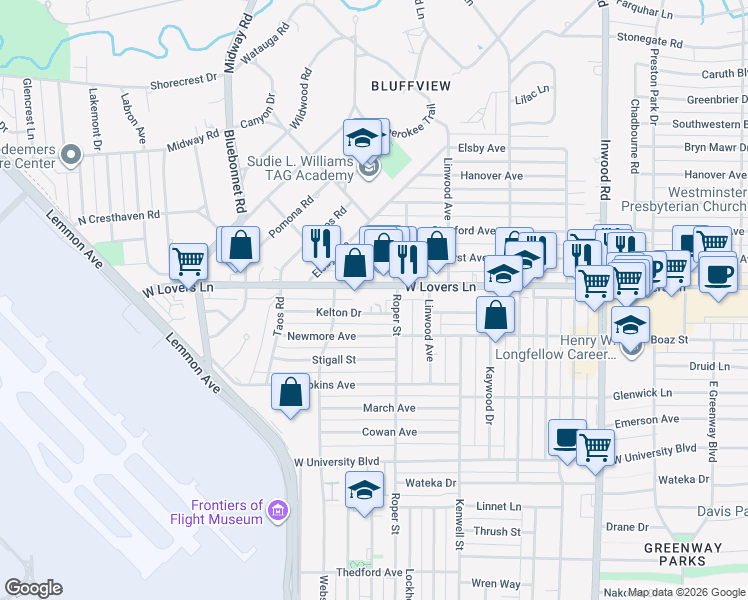 map of restaurants, bars, coffee shops, grocery stores, and more near 4610 Kelton Drive in Dallas