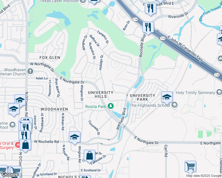 map of restaurants, bars, coffee shops, grocery stores, and more near 524 Durango Circle South in Irving