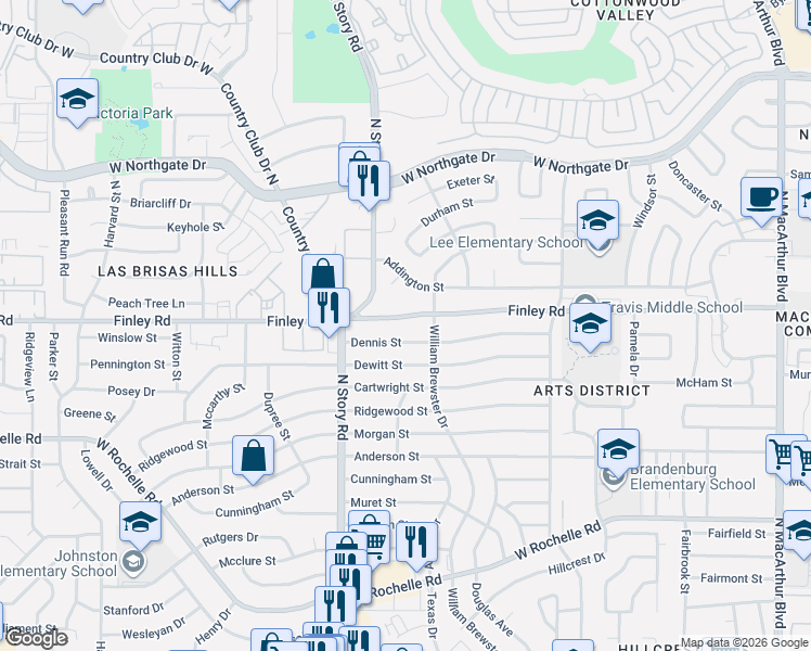 map of restaurants, bars, coffee shops, grocery stores, and more near 2126 Dennis Street in Irving