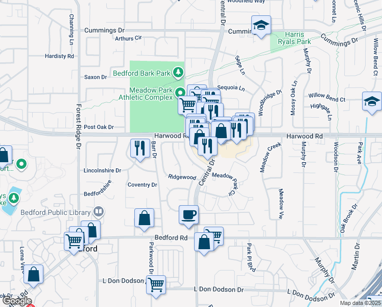 map of restaurants, bars, coffee shops, grocery stores, and more near 2724 Meadow Park Drive in Bedford