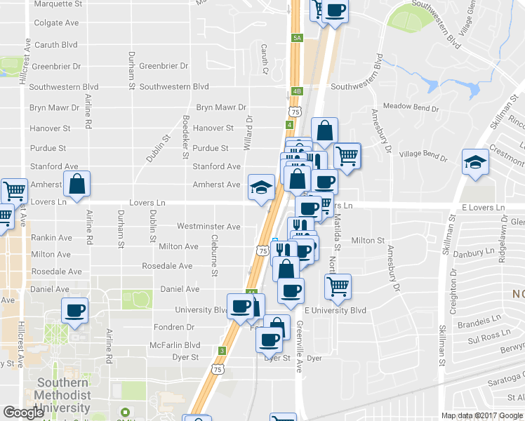 map of restaurants, bars, coffee shops, grocery stores, and more near 2625 Westminster Avenue in Dallas