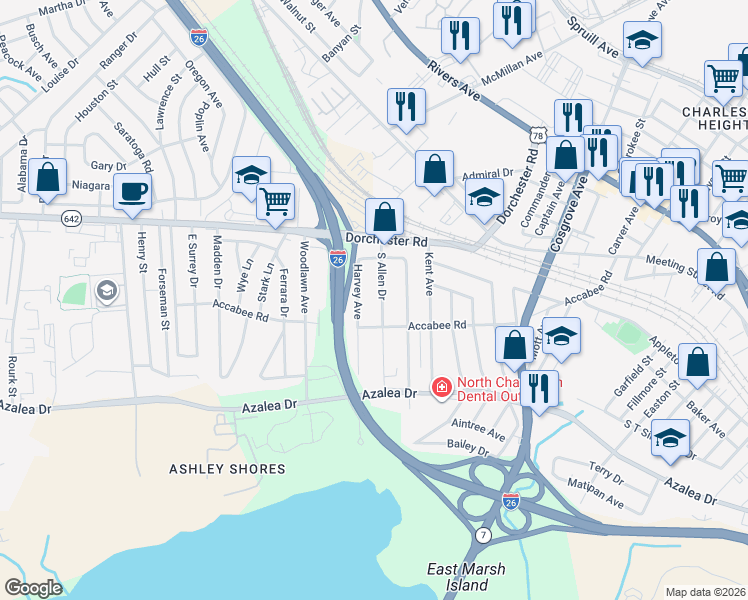 map of restaurants, bars, coffee shops, grocery stores, and more near 2632 South Allen Drive in North Charleston
