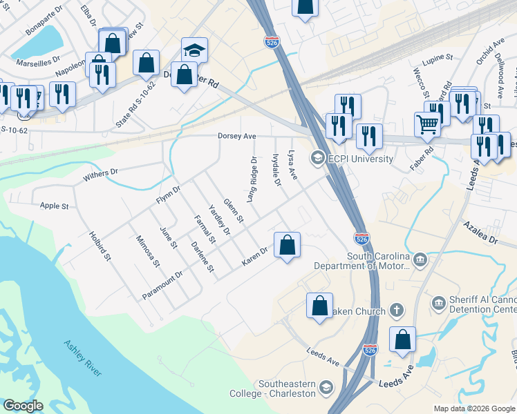 map of restaurants, bars, coffee shops, grocery stores, and more near in North Charleston