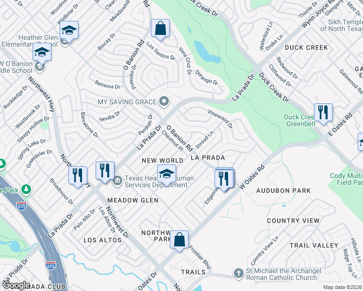 map of restaurants, bars, coffee shops, grocery stores, and more near 501 Stroud Lane in Garland