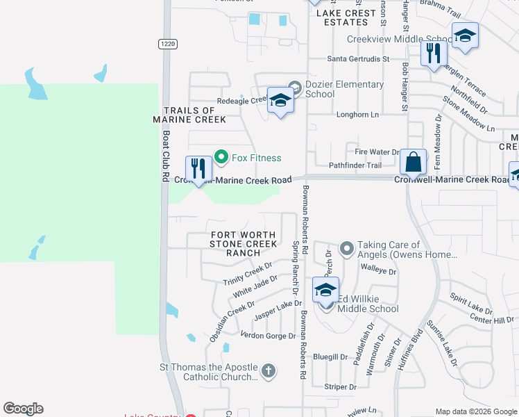 map of restaurants, bars, coffee shops, grocery stores, and more near 6200 Granite Creek Drive in Fort Worth